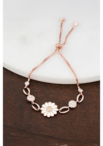 Zirkon Taşlı Rose Papatya Gümüş Bayan Bileklik