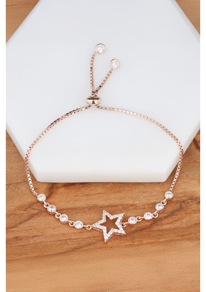 Rose Renk Zirkon Taşlı Yıldız Gümüş Bayan Bileklik