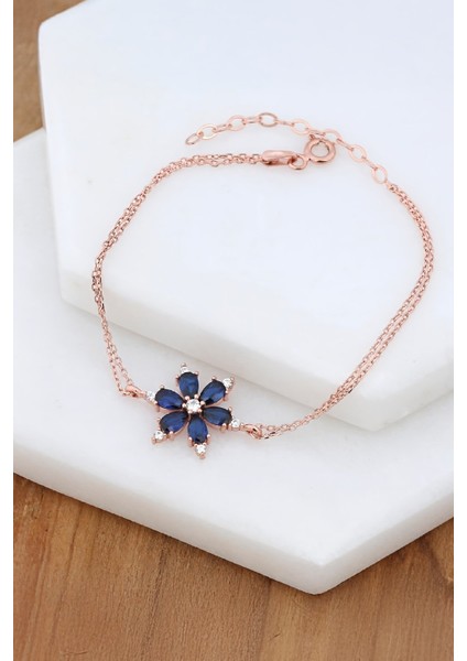Lacivert Zirkon Taşlı Rose Gümüş Lotus Bayan Bileklik