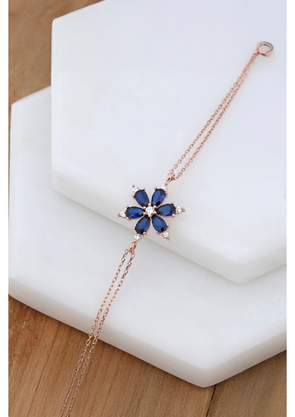 Lacivert Zirkon Taşlı Rose Gümüş Lotus Bayan Bileklik fiyatları