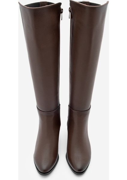 Kadın Fermuarlı Günlük Klasik Topuklu Çizme Aret Kahve