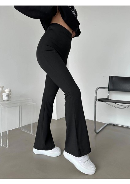 Şık ve Rahat Yüksek Bel Ispanyol Paça Fitilli Toparlayıcı Siyah Tayt modelleri
