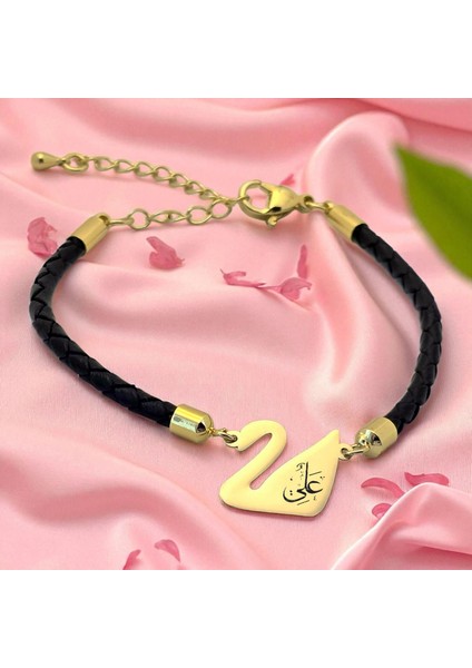 14 Ayar Plakalı Altın Hz Ali Temalı Siyah Derili Kuğu Kuşu Motifli Hediye BILEKLIK-606SEMBOL fiyatları