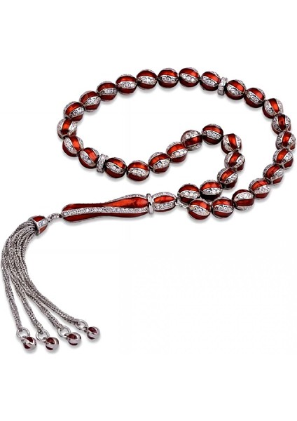 Gümüş Bordo Mineli Zirkon Taşlı Tesbih