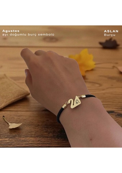 Altın Plakalı 14 Ayar Ağustos Ayı Doğumlarına Siyah Derili Kuğu Kuşu Motifli Hediye BILEKLIK-606AY