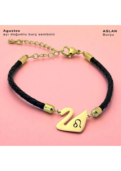 Altın Plakalı 14 Ayar Ağustos Ayı Doğumlarına Siyah Derili Kuğu Kuşu Motifli Hediye BILEKLIK-606AY fiyatları