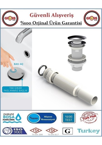 Pop-Up Bas Aç Körüklü Lavabo Sifonu - Aç Kapa Sifon