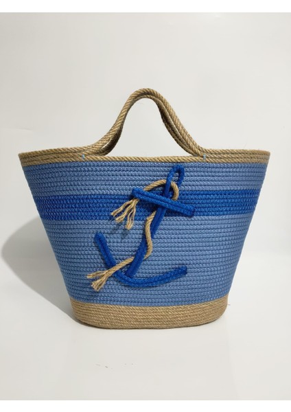 Beach Handmade Kadın Omuz Çantası, Mavi El Yapımı Hasır Plaj Çantası, Hediyelik Çapa Desenli Çanta