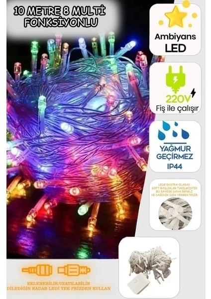 10 mt SL-1013 Fişli 100 LED Rgb Renkli Işıklı Ultra Güçlü Yılbaşı Ağaç Işık 8 Fonksiyonlu Dekoratif