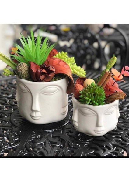 2 Li Havelka Buddha Suratlı Beyaz Boyalı Dekoratif Saksı Vazo Set