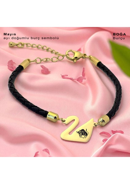 14 Ayar Plakalı Altın Boğa Burçlarına Özel Siyah Derili Kuğu Kuşu Motifli Hediye BILEKLIK-606BURÇ fiyatları
