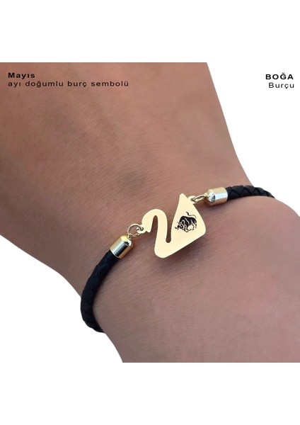 14 Ayar Plakalı Altın Boğa Burçlarına Özel Siyah Derili Kuğu Kuşu Motifli Hediye BILEKLIK-606BURÇ fırsatları