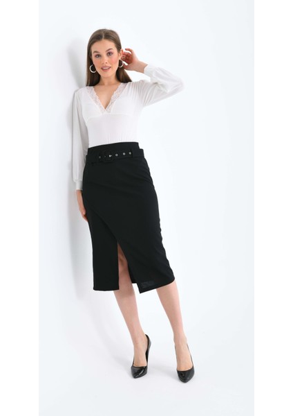 Kadın Siyah Kemer ve Yırtmaç Detaylı Yüksek Bel Midi Örme Etek modelleri