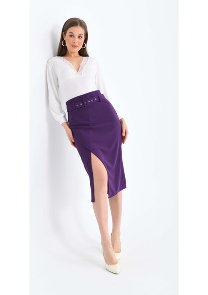 Kadın Mor Kemer ve Yırtmaç Detaylı Yüksek Bel Midi Örme Etek