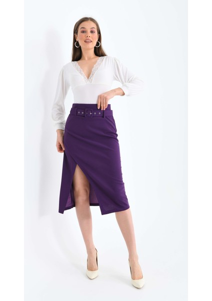 Kadın Mor Kemer ve Yırtmaç Detaylı Yüksek Bel Midi Örme Etek fiyatları