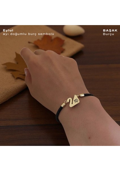 14 Ayar Altın Plakalı Eylül Ayı Doğumlarına Siyah Derili Kuğu Kuşu Motifli Hediye BILEKLIK-606AY
