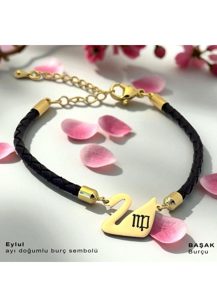 14 Ayar Altın Plakalı Eylül Ayı Doğumlarına Siyah Derili Kuğu Kuşu Motifli Hediye BILEKLIK-606AY fiyatları
