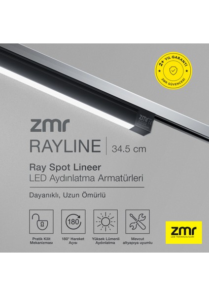 Rayline Opak Siyah 20W 34.5 cm 3000K Crı 90 Pratik Kilit Mekanizması Ray Spot Lineer LED Aydınlatma