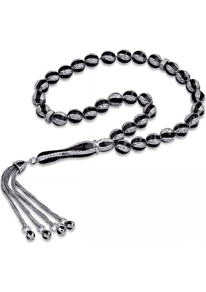 ​Gümüş Siyah Mineli Zirkon Taşlı Tesbih