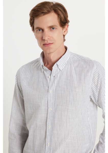 Erkek Slim Fit Dar Kesim Düğmeli Spor Yaka Keten Efekt %100 Pamuk Yeşil Çizgili Yazlık Gömlek