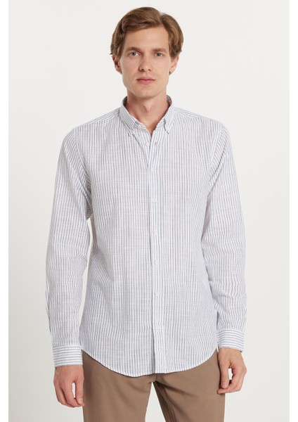 Erkek Slim Fit Dar Kesim Düğmeli Spor Yaka Keten Efekt %100 Pamuk Yeşil Çizgili Yazlık Gömlek fırsatları