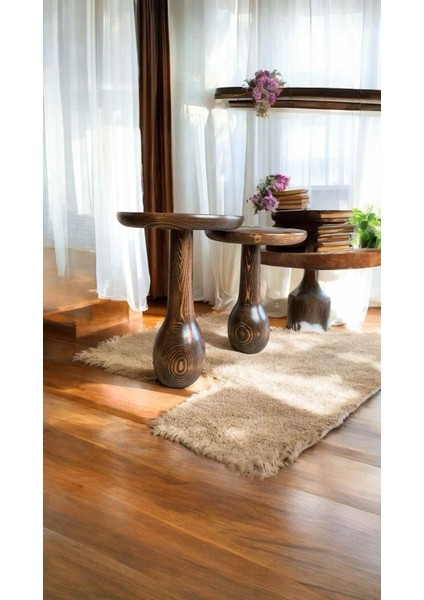 Rustik Tasarım Doğal Masif Ahşap 2’li Yan Sehpa Seti – Ceviz Renk Zigon Model