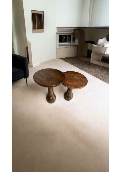 Rustik Tasarım Doğal Masif Ahşap 2’li Yan Sehpa Seti – Ceviz Renk Zigon Model fiyatları