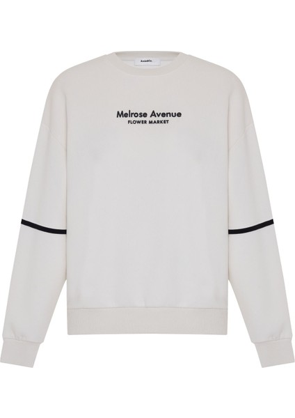 Ekru Bisiklet Yaka Baskılı Oversize Sweatshirt