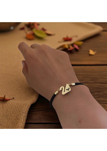 Altın Plakalı 14 Ayar Kral Kartal Temalı Siyah Derili Kuğu Kuşu Motifli Hediye BILEKLIK-606SEMBOL