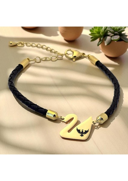 Altın Plakalı 14 Ayar Kral Kartal Temalı Siyah Derili Kuğu Kuşu Motifli Hediye BILEKLIK-606SEMBOL fiyatları
