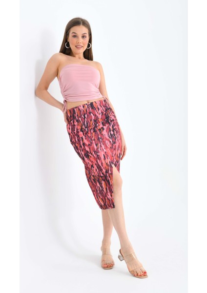 Kadın Pembe Baskılı Anvelop Yüksek Bel Midi Etek