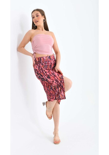 Kadın Pembe Baskılı Anvelop Yüksek Bel Midi Etek fiyatları