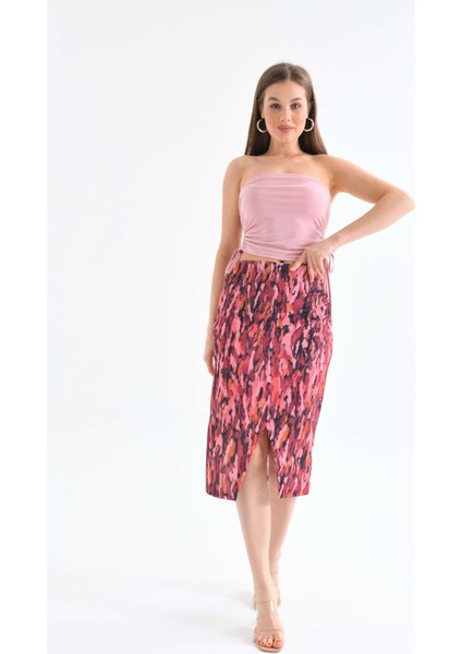 Kadın Pembe Baskılı Anvelop Yüksek Bel Midi Etek modelleri