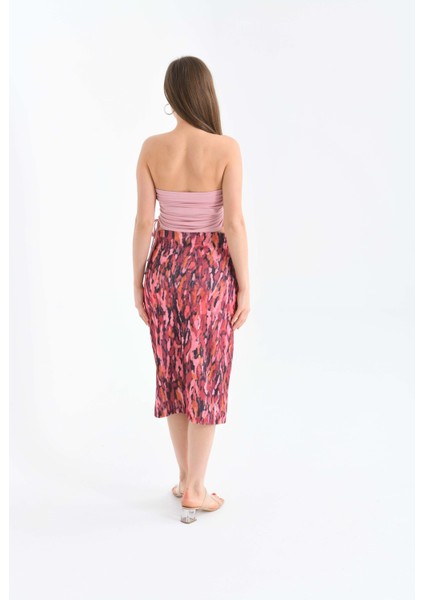 Kadın Pembe Baskılı Anvelop Yüksek Bel Midi Etek fırsatları