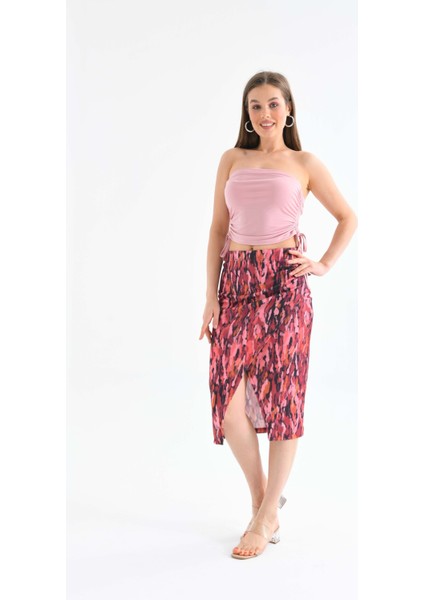Kadın Pembe Baskılı Anvelop Yüksek Bel Midi Etek indirimleri