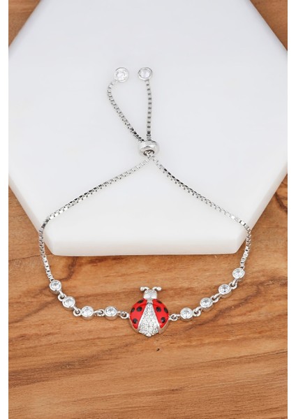 Rodyumlu Mineli Uğur Böceği Gümüş Bayan Bileklik