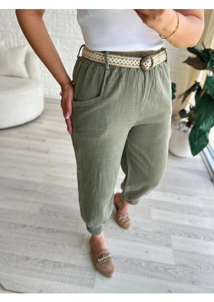 Kadın Beli Lastikli Kemerli Paça Pens Detaylı Cepli %100 Pamuk Keten Pantolon