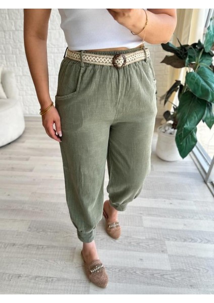 Kadın Beli Lastikli Kemerli Paça Pens Detaylı Cepli %100 Pamuk Keten Pantolon fiyatları
