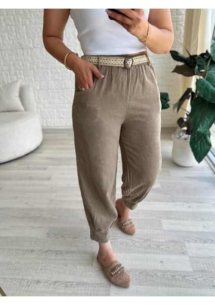 Kadın Beli Lastikli Kemerli Paça Pens Detaylı Cepli %100 Pamuk Keten Pantolon modelleri