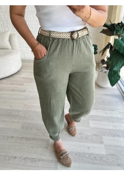 Kadın Beli Lastikli Kemerli Paça Pens Detaylı Cepli %100 Pamuk Keten Pantolon fırsatları