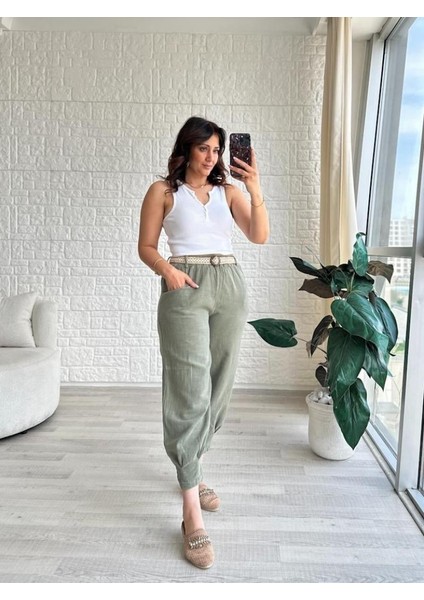 Kadın Beli Lastikli Kemerli Paça Pens Detaylı Cepli %100 Pamuk Keten Pantolon