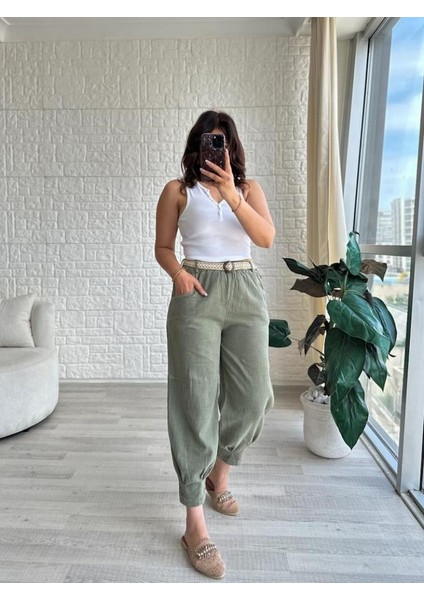 Kadın Beli Lastikli Kemerli Paça Pens Detaylı Cepli %100 Pamuk Keten Pantolon