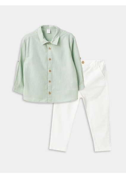 Lcw Kids Yeşil Uzun Kollu Basic Pamuklu Erkek Bebek Gömlek ve Pantolon 2'li Takım