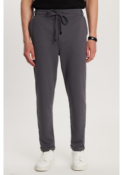 Erkek Slim Fit Pamuklu Beli Bağlamalı Yan Cepli Katlamalı Paça Jogger Antrasit Pantolon