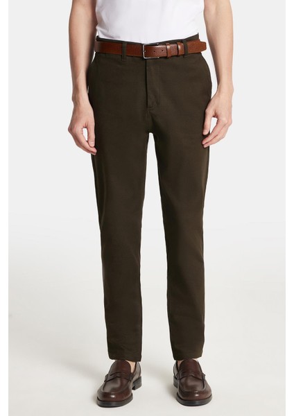 Erkek Regular Fit Chino Esnek Yandan Cepli Önü Fermuarlı Pamuklu Dokulu haki Pantolon
