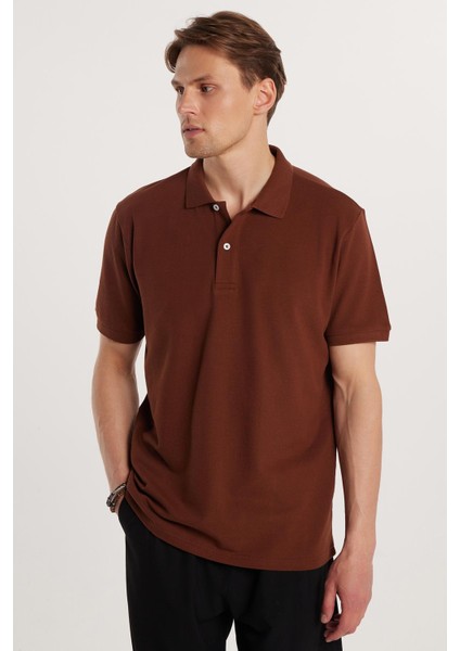 Erkek Regular Fit Klasik Kesim Pamuklu Yumuşak Dokulu Serin Tutan Kumaş Düz Kahverengi Polo Yaka Tişört