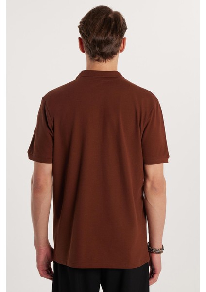 Erkek Regular Fit Klasik Kesim Pamuklu Yumuşak Dokulu Serin Tutan Kumaş Düz Kahverengi Polo Yaka Tişört indirimleri