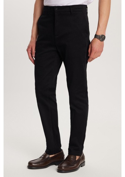 Erkek Regular Fit Chino Esnek Yandan Cepli Önü Fermuarlı Pamuklu Dokulu siyah pantolon