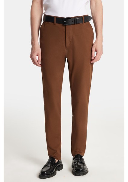 Erkek Regular Fit Chino Esnek Yandan Cepli Önü Fermuarlı Pamuklu Dokulu kahverengi Pantolon