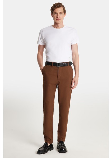 Erkek Regular Fit Chino Esnek Yandan Cepli Önü Fermuarlı Pamuklu Dokulu kahverengi Pantolon modelleri